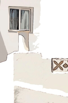 comic ilustraci&oacute;n de una casa con fachada pintada de blanco con celos&iacute;a alrededor y una venta con visillos