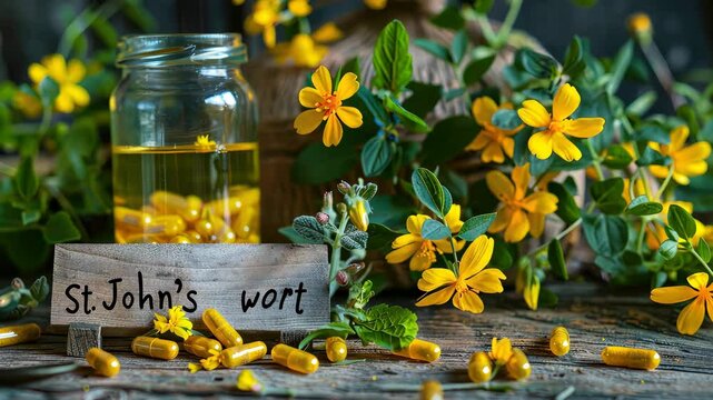 St. John's wort supplements capsules on the table. Selective focus. nature.