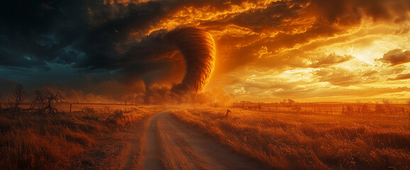 Epic photo of a tornado and hurricane in the middle of the countryside.
