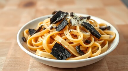 A gourmet pasta dish of handmade black truffle pappardelle, coated in a creamy parmesan sauce, and topped with freshly shaved truffle and cracked black pepper