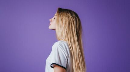 Editoral photo of a blonde girl or boy in white t-shirt with black edges, one color studio background, half-body portrait