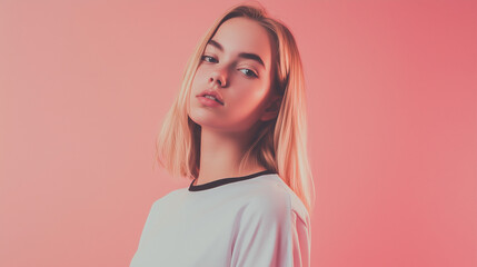 Editoral photo of a blonde girl or boy in white t-shirt with black edges, one color studio background, half-body portrait