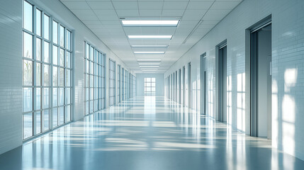 Fototapeta premium Modern Office Hallway Interior Design with Bright Lighting and Glass Elements - Spacious and Clean Minimalist Workplace Environment