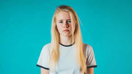 Editoral photo of a blonde girl or boy in white t-shirt with black edges, one color studio background, half-body portrait
