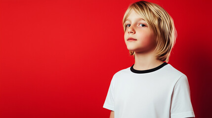 Editoral photo of a blonde girl or boy in white t-shirt with black edges, one color studio background, half-body portrait