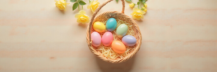 Colorful Easter Eggs in Wicker Basket with Yellow Flowers