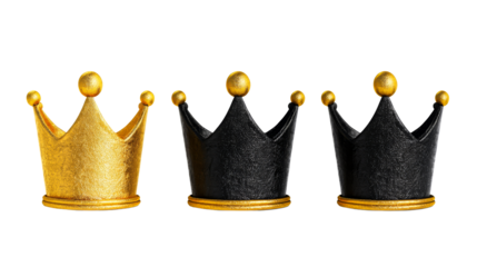 Gold and black crown collection on black background, cut out transparent