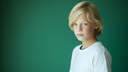 Editoral photo of a blonde girl or boy in white t-shirt with black edges, one color studio background, half-body portrait