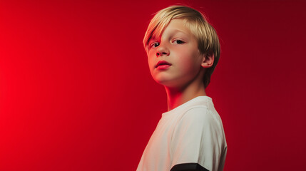 Editoral photo of a blonde girl or boy in white t-shirt with black edges, one color studio background, half-body portrait