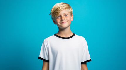 Editoral photo of a blonde girl or boy in white t-shirt with black edges, one color studio background, half-body portrait