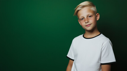 Editoral photo of a blonde girl or boy in white t-shirt with black edges, one color studio background, half-body portrait