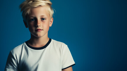 Editoral photo of a blonde girl or boy in white t-shirt with black edges, one color studio background, half-body portrait