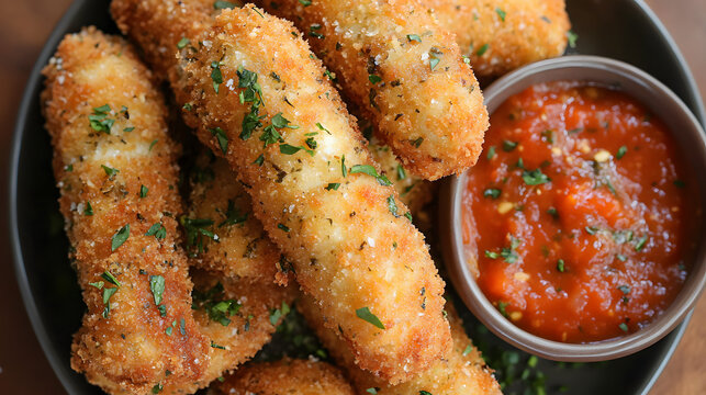 Crispy, herb-coated mozzarella sticks served with a tangy tomato dipping sauce for a perfect snack.