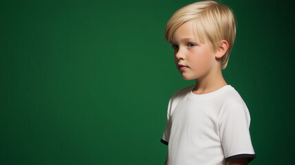 Editoral photo of a blonde girl or boy in white t-shirt with black edges, one color studio background, half-body portrait