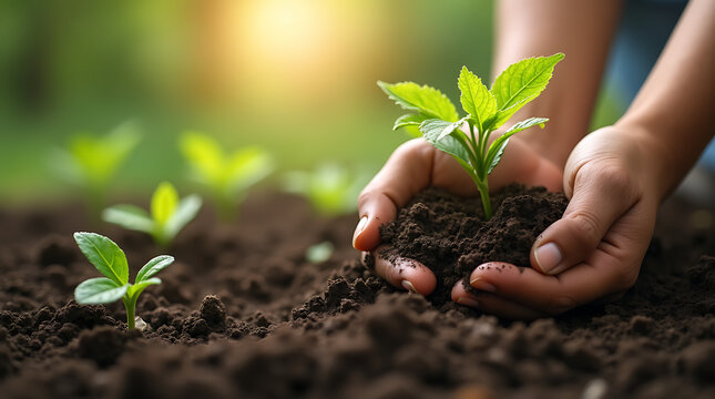 Hands planting a young tree in fertile soil, symbolizing environmental conservation, reforestation, and sustainable earth care
