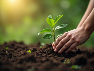 Hands planting a young tree in fertile soil, symbolizing environmental conservation, reforestation, and sustainable earth care