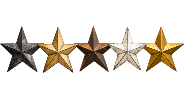Assorted decorative stars arranged in a row, cut out transparent