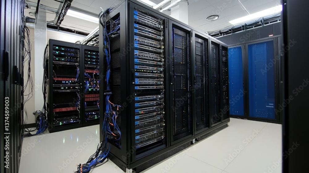 Poster modern server room with exposed cabling and high-performance server racks in a clean, well-lit envir