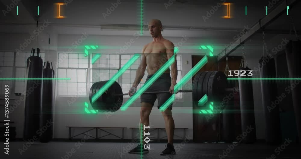 Poster lifting weights in gym, man using animation with digital data overlay