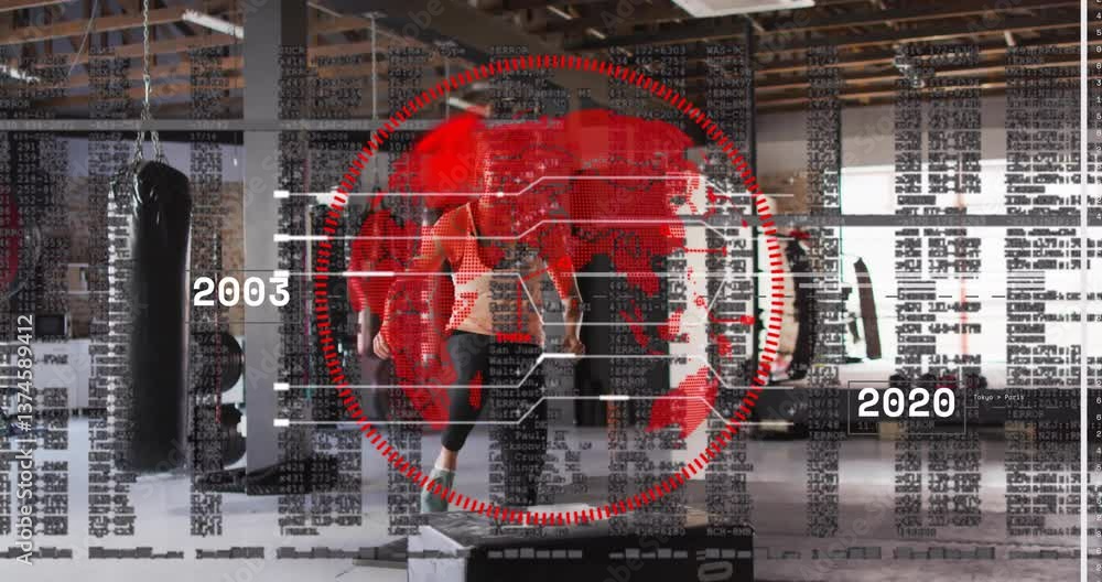 Poster digital data and timeline animation over person exercising in gym