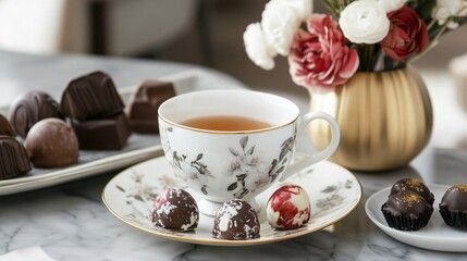 Fototapeta premium An elegant high tea setting, with a porcelain teacup, gourmet chocolates, and a golden tea infuser