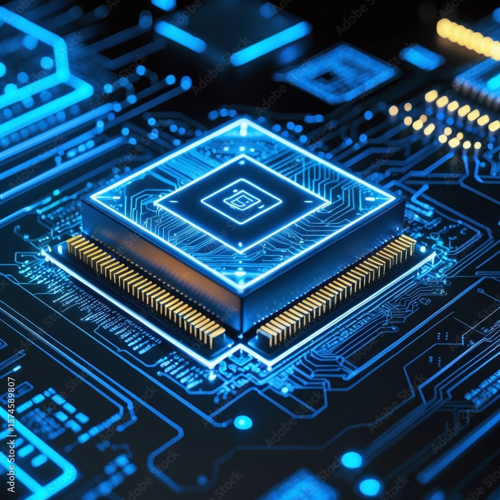 Poster close-up of a glowing blue computer chip on a complex circuit board