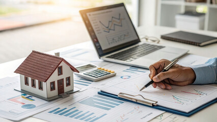A mortgage advisor's desk with a hand placing a home model beside financial statements and a laptop, symbolizing home loan guidance.