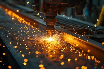 Plasma cutting machine making holes in metal sheet generating bright sparks