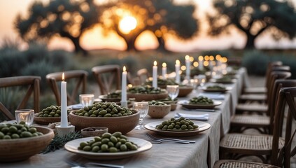 Easter Outdoor Dining Table Under Olive Trees at Sunset	