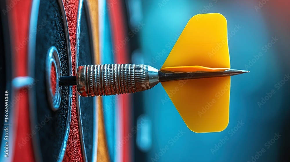 Poster a dart impacting in the middle of a dart, with a yellow dart at its center and a red dart in its cen