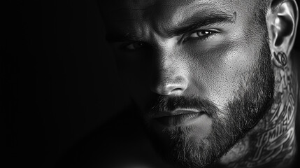 Male full portrait, tatoo design black and white, smoth and saturated shadows, high contrast, isolated brights. old poster style