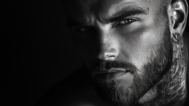 Male full portrait, tatoo design black and white, smoth and saturated shadows, high contrast, isolated brights. old poster style