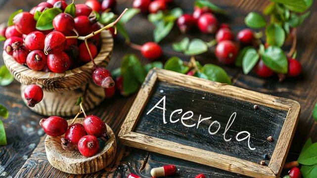 Acerola fruits and supplement capsules on the table. Selective focus. Food.