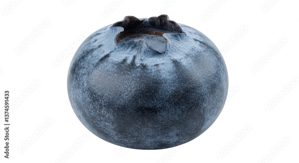 Poster a single blueberry centered on a black background with a visible stem and a waxy surface texture