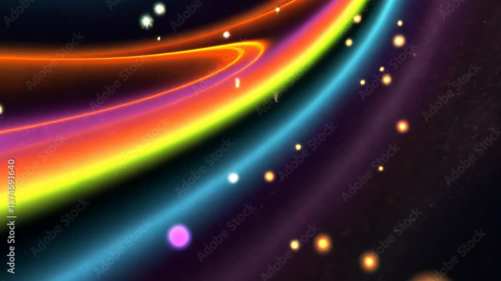 Poster a colorful space background with many small dots. some of the dots are red, blue, and purple