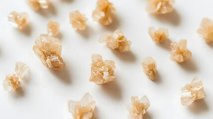 Rough-edged asafoetida crystals grouped sparsely on a white surface, their pale yellow color strikingly visible.