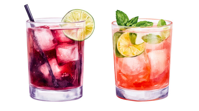Watercolor Cocktails with Lime and Mint, cut out transparent