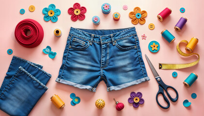 Creative flat lay showcasing denim shorts surrounded by colorful sewing supplies like fabric flowers, thread, and scissors, representing DIY fashion upcycling, handmade crafts, or a home business