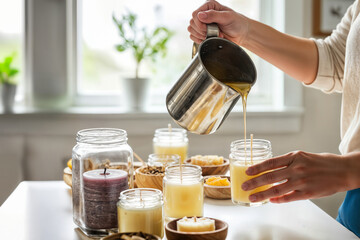 Artisan pouring hot melted wax into jars to create handmade craft candles, a home business or side hustle activity showcasing the creative process of producing natural, decorated candles in a workshop