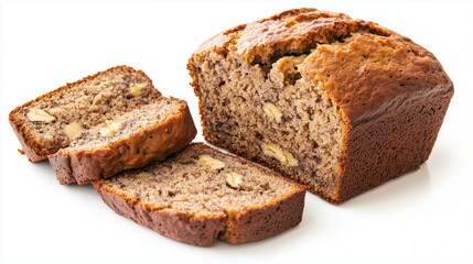 loaf of banana bread with walnuts, partially sliced, resting on a white surface