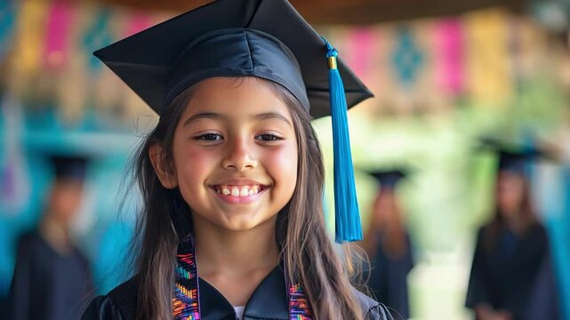 Young Native American girl, around 10 years old, wearing a graduation cap and gown, standing confidently. The cinematic portrait captures her pride and achievement