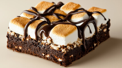 Close-up of a fudgy brownie topped with toasted marshmallows and drizzled with chocolate sauce, creating a tempting dessert