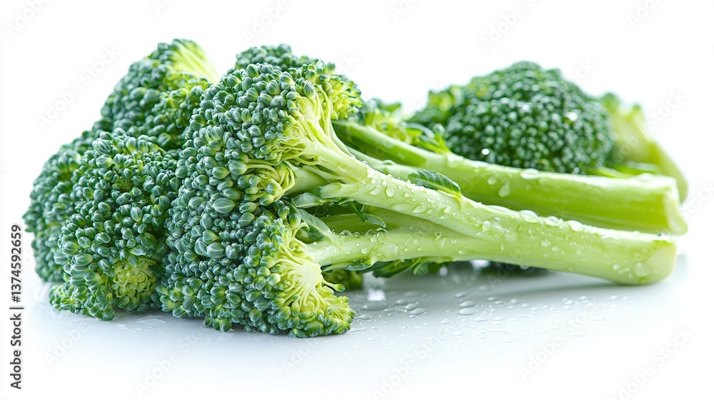 Poster a close-up shot of broccoli florets on a pure white background with water droplets splashing on them