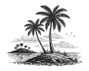 Tropical island paradise idyllic palm trees woodcut engraving vector illustration