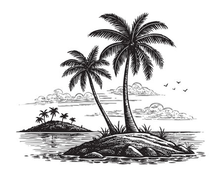 Tropical island paradise idyllic palm trees woodcut engraving vector illustration