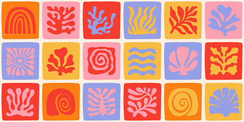 Vector seamless pattern in simple floral wavy and groovy naive style, ocean and vacation theme,  flowers and plants, floral botanic hand drawn design templates, modern art prints, surface design