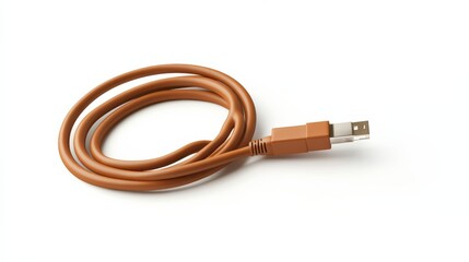 Neatly Coiled Brown USB Cable Isolated on White Background for Technology, Charging, and Data Transfer Applications in Modern Digital Devices