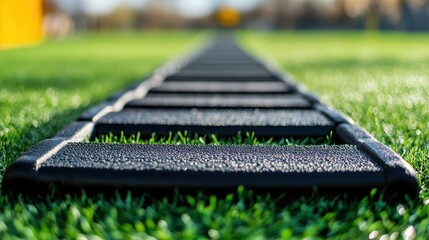 Close up shot of a black agility training ladder on grass