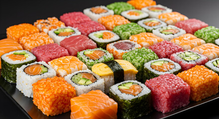 Vibrant mosaic of sushi cubes, creating a modern culinary art piece
