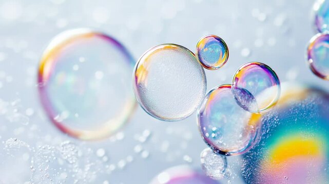 Colorful soap bubbles reflecting rainbow hues form in a delicate dance on a light background, capturing a magical moment frozen in time for imagination and playfulness.